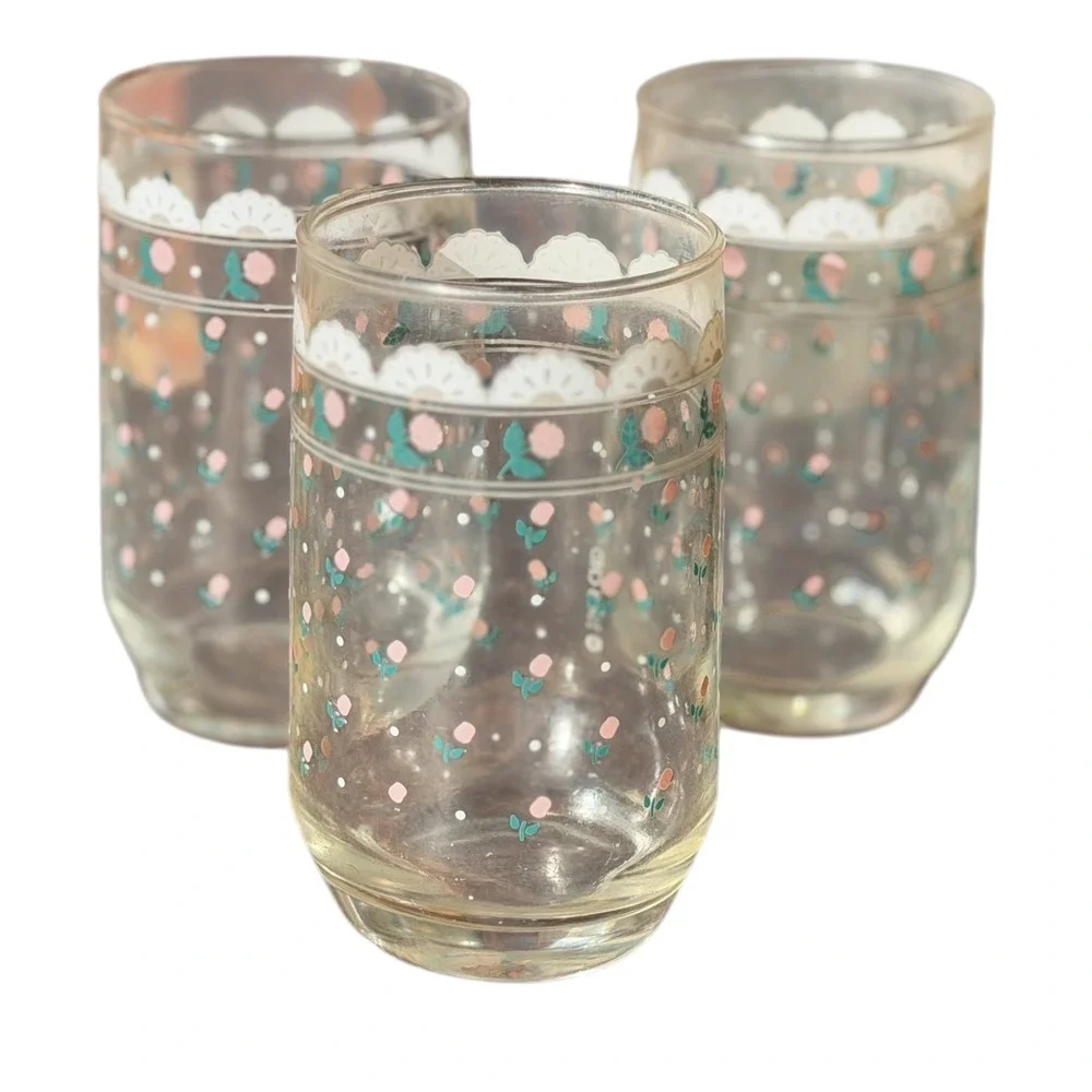 Vintage 1988 Victoriana Pink Rosebud Juice Glasses Set of 3 Floral Tumblers